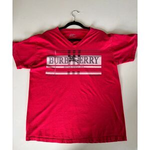 Authentic BURBERRY Heritage Logo Red V-Neck T-Shirt ~ Men's L